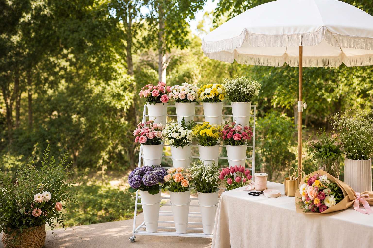 San Antonio Bloom Bar DIY flower bar setup with colorful flowers in white buckets on a tiered display stand, perfect for bridal showers and events